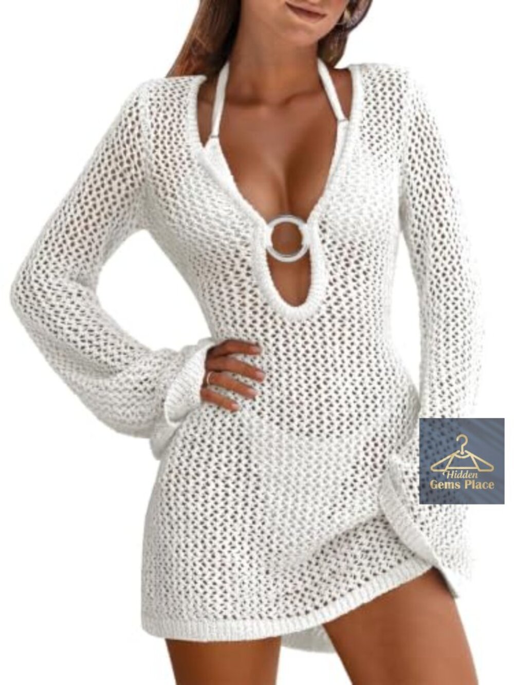 ANRABESS Women's Crochet Swim Cover-Up Mini Dress Long Sleeve V-Neck Beach